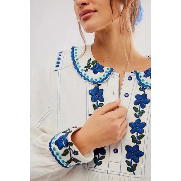 NEW FREE PEOPLE MORE TO COME EMBROIDERED LONG SLEEVE IVORY MINI DRESS LARGE - Picture 3 of 13